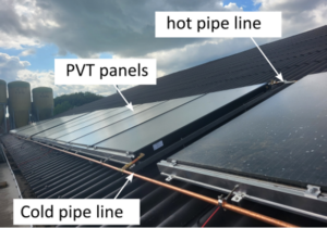 Figure 3: The PVT panels on the roof of the EV ILVO farm with hot and cold pipeline connections.